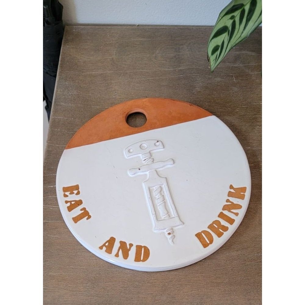 Mud Pie Round Terra Cotta Wall Plaque Eat and Drink Kitchen Decor White Dipped